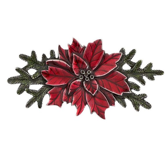 DANFORTH Poinsettia Pewter & Enamel Brooch Red & Green Christmas Signed USA - Picture 8 of 8